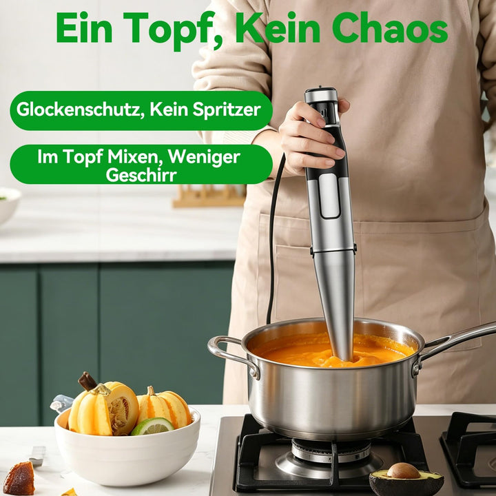Stabmixer Set 5 in 1, 1100W Pürierstab Elektrisch, Stufenlose Geschwindigkeit, Edelstahl Hand Blende