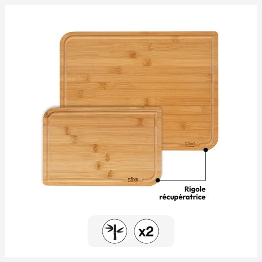 5five – Set mit 2 Bambus-Schneidebrettern – 35 x 25 cm und 22 x 15 cm, mit Nut – Küchenutensil