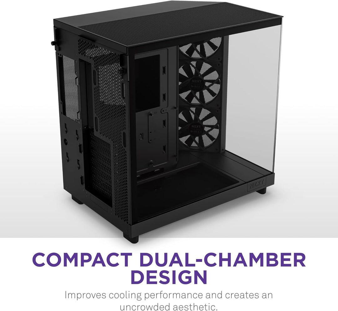 NZXT H6 Flow | CC-H61FB-01 | Kompaktes Mid-Tower Gehäuse mit zwei Kammern | Glaspaneele mit Panorama