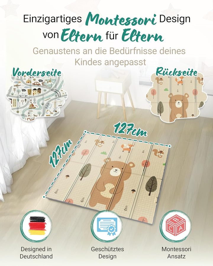 RAWVEL Krabbelmatte baby faltbar [127x127cm / 1cm Dick] Spielmatte Baby faltbar [100% BPA-Frei] Spie