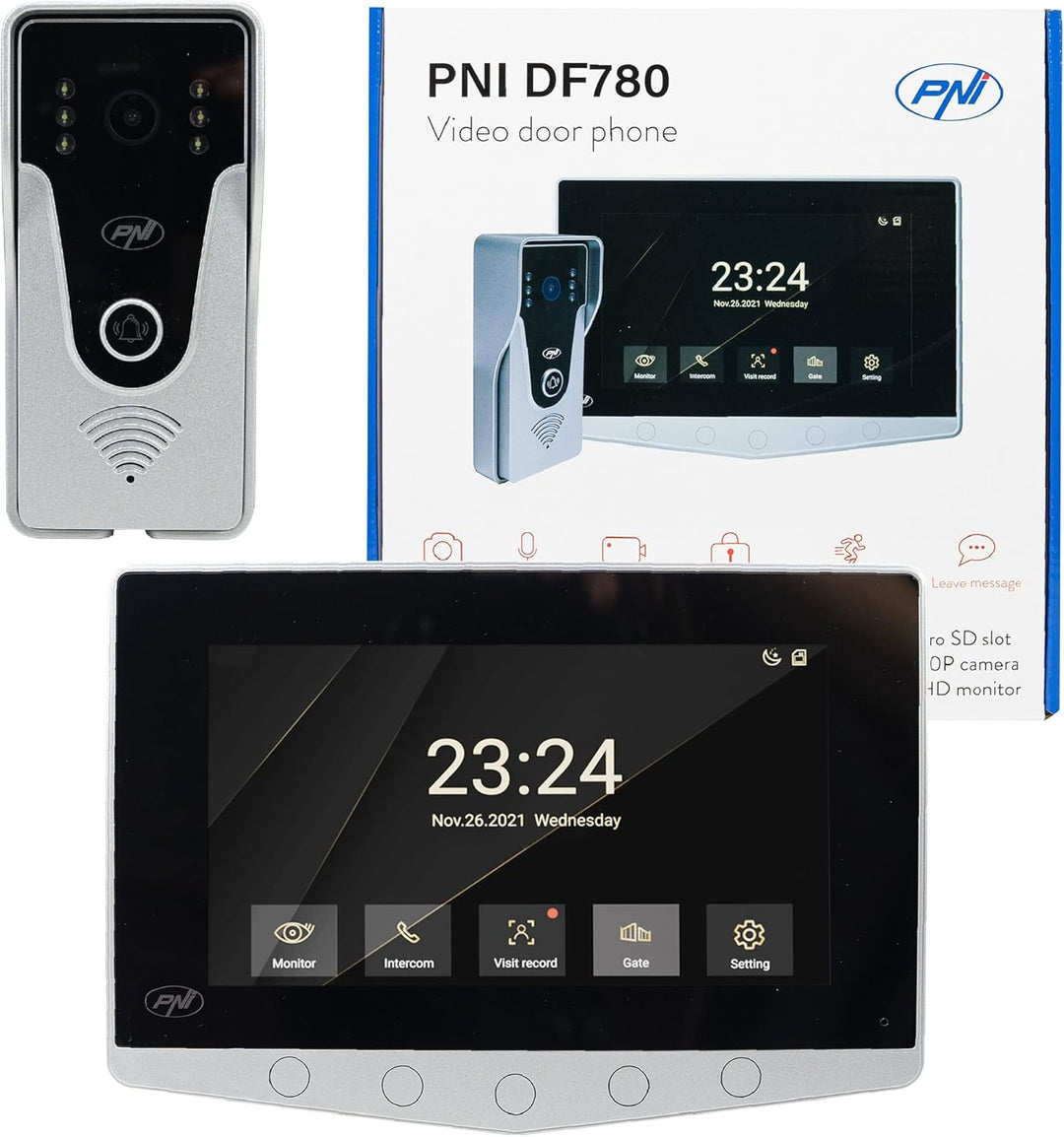 PNI DF780 Video-Gegensprechanlage mit 1 Monitor, 7-Zoll-1080p-Touchscreen, Kartensteckplatz, IP65 un