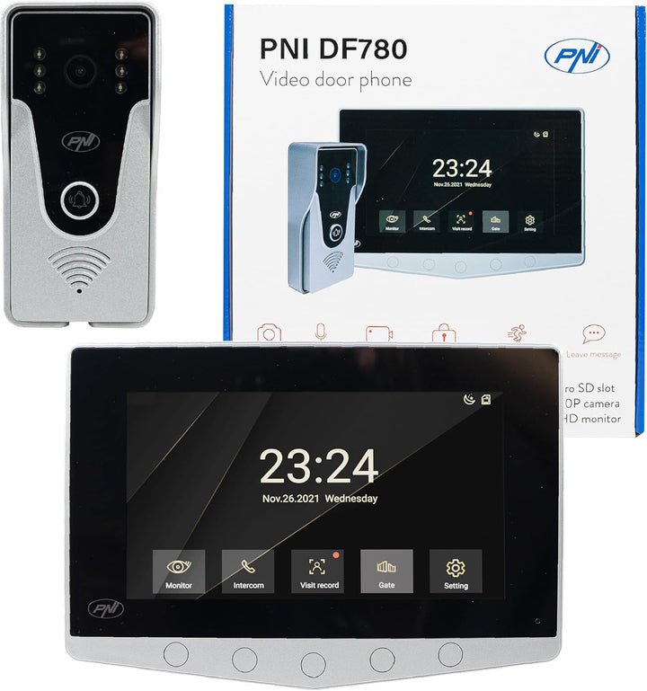 PNI DF780 Video-Gegensprechanlage mit 1 Monitor, 7-Zoll-1080p-Touchscreen, Kartensteckplatz, IP65 un