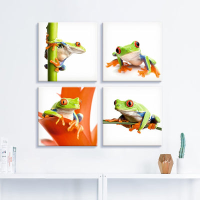 ARTLAND Leinwandbilder auf Holz Wandbild Bild Set 4 teilig je 40x40 cm Natur Tiere Frosch Laubfrosch