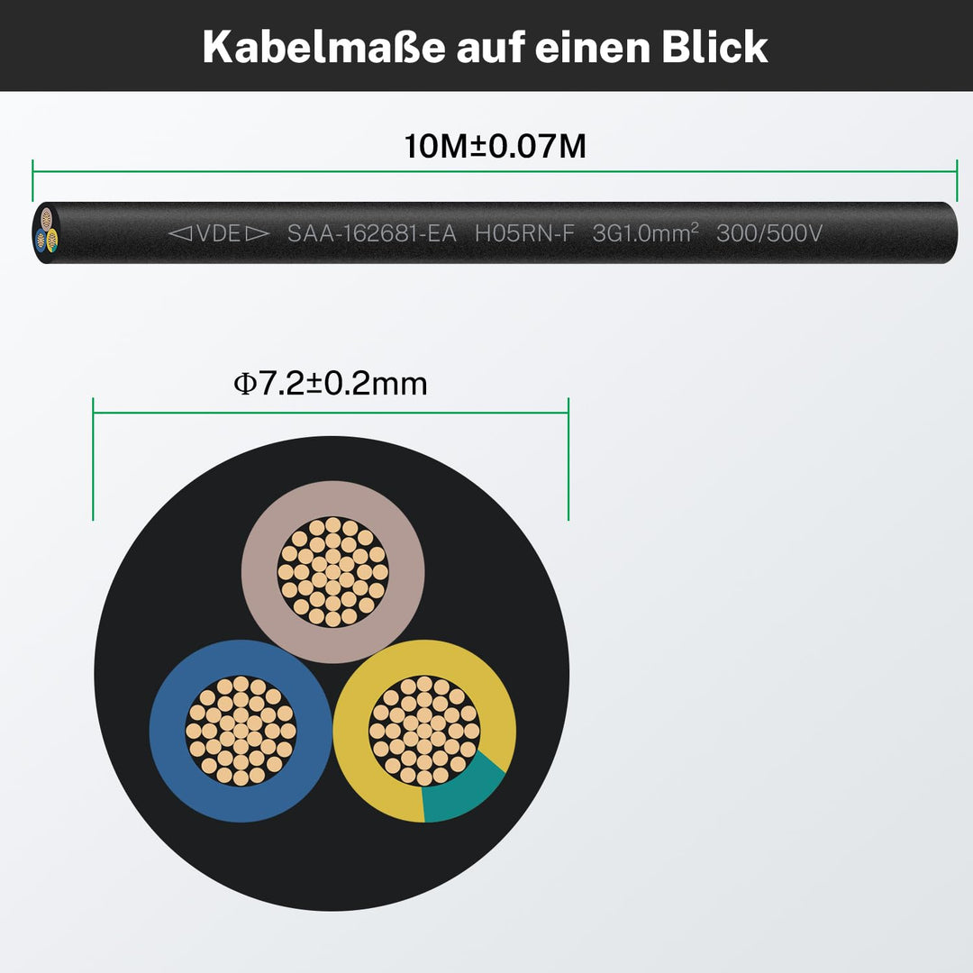 Firmerst Gummikabel 3x1mm² Stromkabel Aussenbereich 10 Meter, Wetterfest und Flexibel für Gartenbele