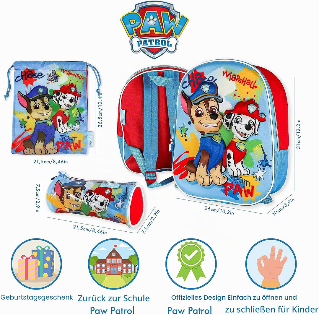 Paw Patrol Kindergartenrucksack Jungen 3D, Turnbeutel und Stiftebox Schulrucksack Jungen und Mädchen