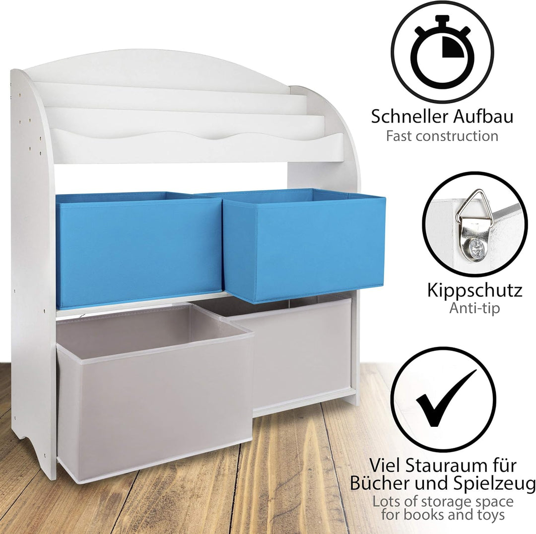 ONVAYA® Kinder-Bücherregal Finn Weiss | Kinderregal mit Boxen | Aufbewahrung von Büchern und Spielze
