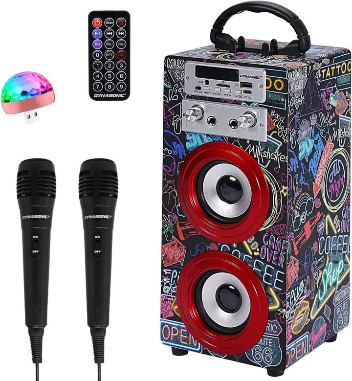 DYNASONIC Karaoke mit 2 Mikrofonen, tragbarer Karaoke-Maschine, Bluetooth-Lautsprecher, USB- und SD-