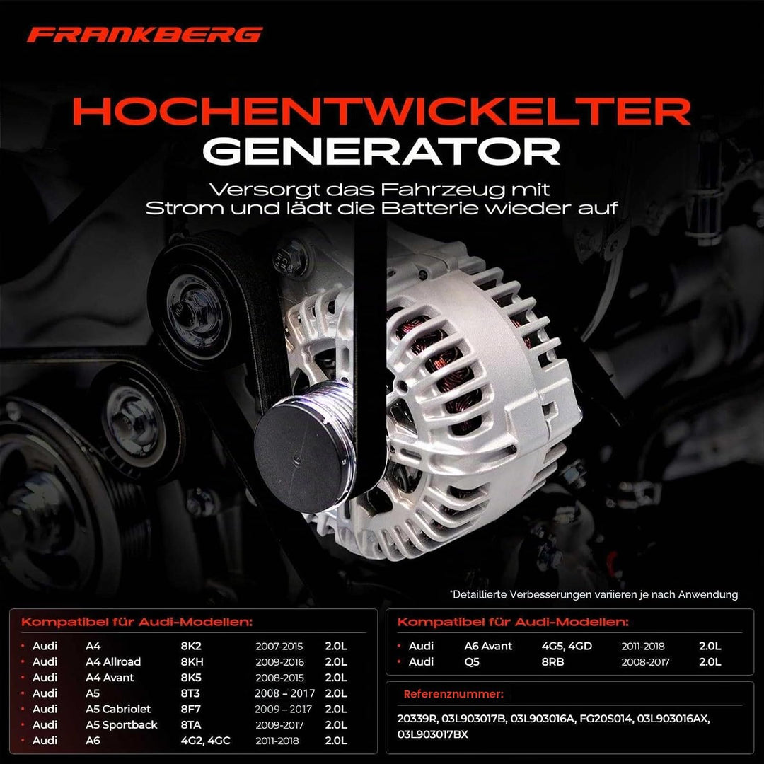 Frankberg Lichtmaschine Generator Kompatibel mit A4 8K2 8KH 8K5 B8 2.0L 2008-2016 A5 8T3 8F7 8TA 2.0