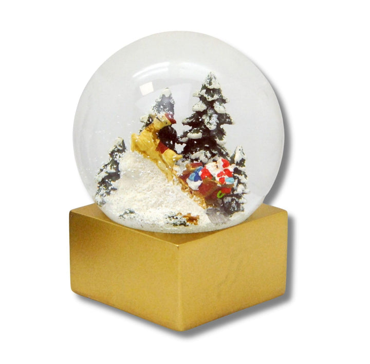 Weihnachts-Schneekugel | Weihnachtsmann mit Geschenken | Farbe rot Gold | 100mm breit, 120mm hoch |