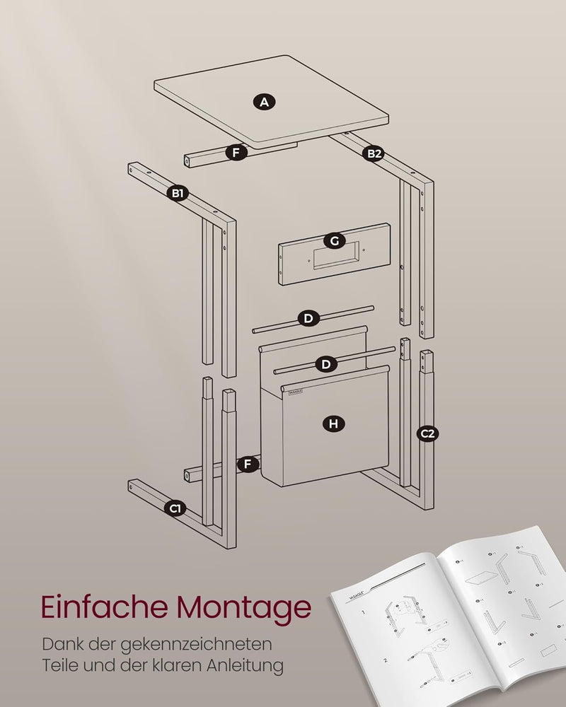 VASAGLE Beistelltisch, Nachttisch mit Steckdosen, C Form, Couchtisch für kleine Räume, 2 USB-Anschlü