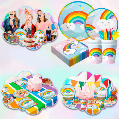 Rainbow Partygeschirr,141pcs Partygeschirr Regenbogen Set, Regenbogen Pappteller & Regenbogen Tischd