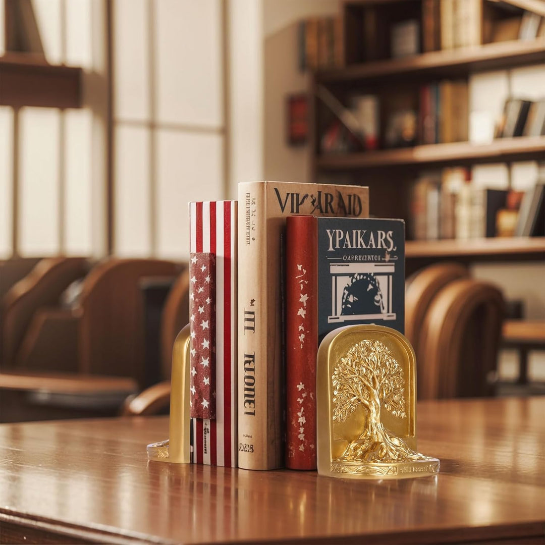 Buchstützen-Set, Baum des Lebens, goldfarben, 2 dekorative Buchstützen für Regale oder Bücherregal,