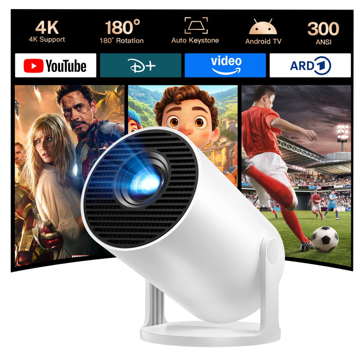 Mini Beamer mit Android TV mit Bluetooth &amp; WiFi 6, Auto Keystone Portable Projektor, 180° Rotation,