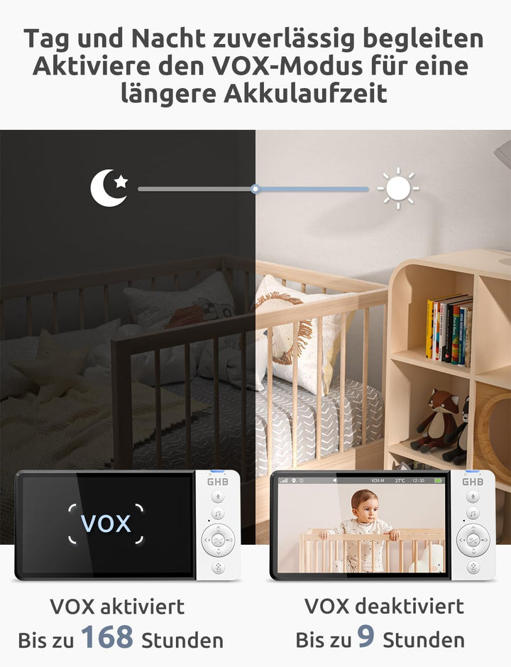 GHB Babyphone mit Kamera 5 Zoll 720P HD Display mit bis zu 168h Akkulaufzeit im VOX Bewegungserkennu
