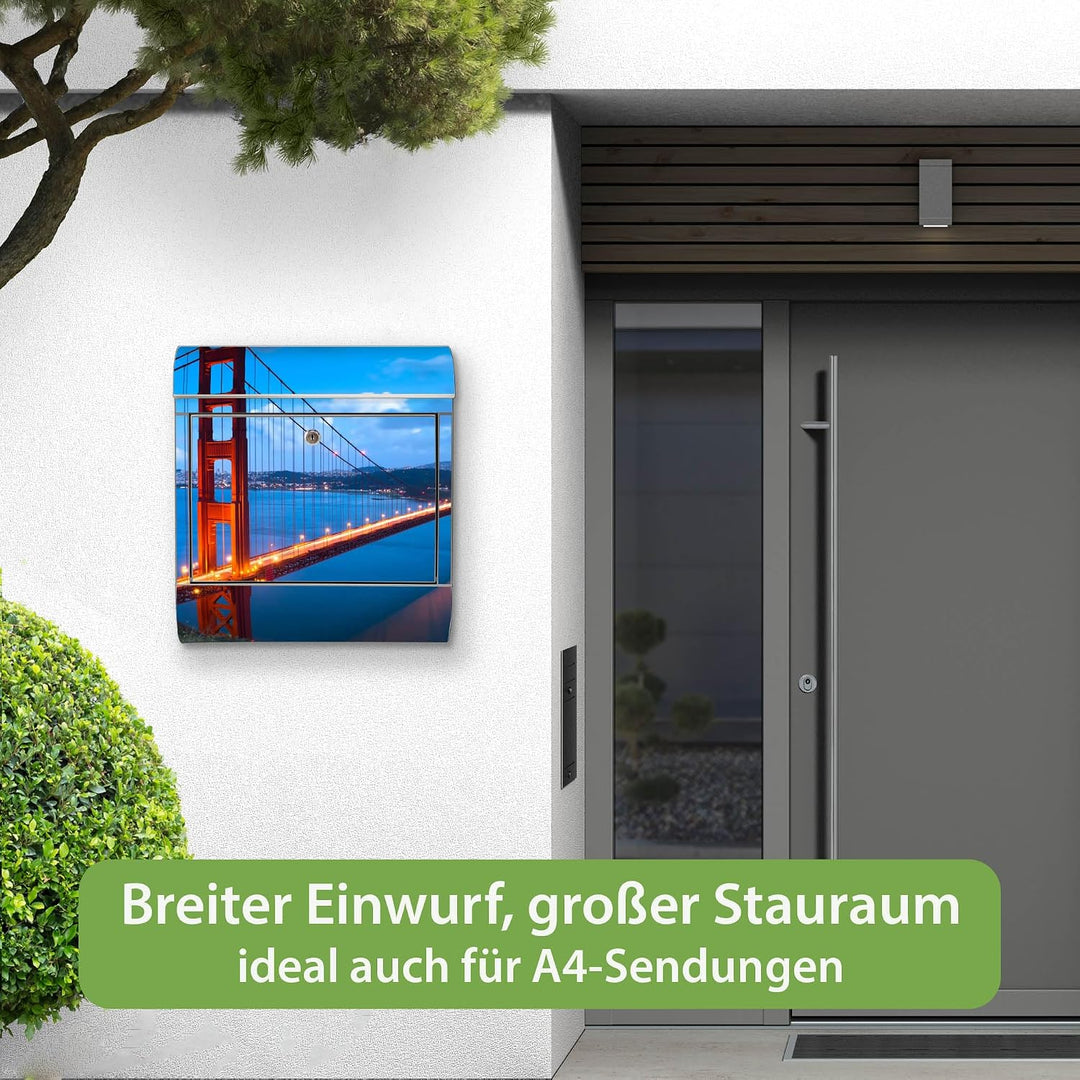 banjado® Briefkasten Edelstahl mit Motiv Golden Gate Bridge 38x43x12cm &amp; 2 Schlüssel - rostfreier Ed