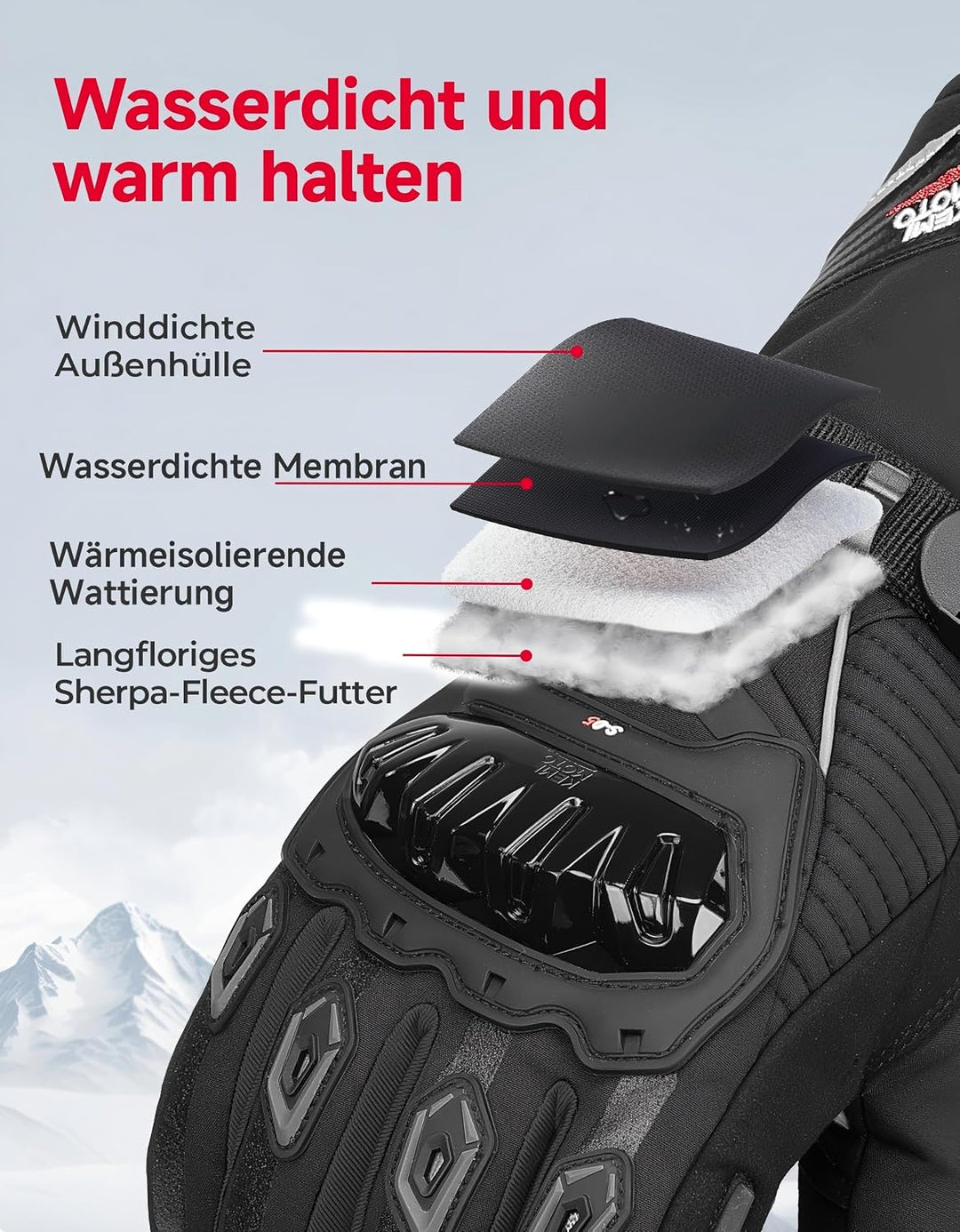 KEMIMOTO Winter Motorradhandschuhe, geprüfte Motorradhandschuhe,Motorrad Handschuhe Winter, Touchscr