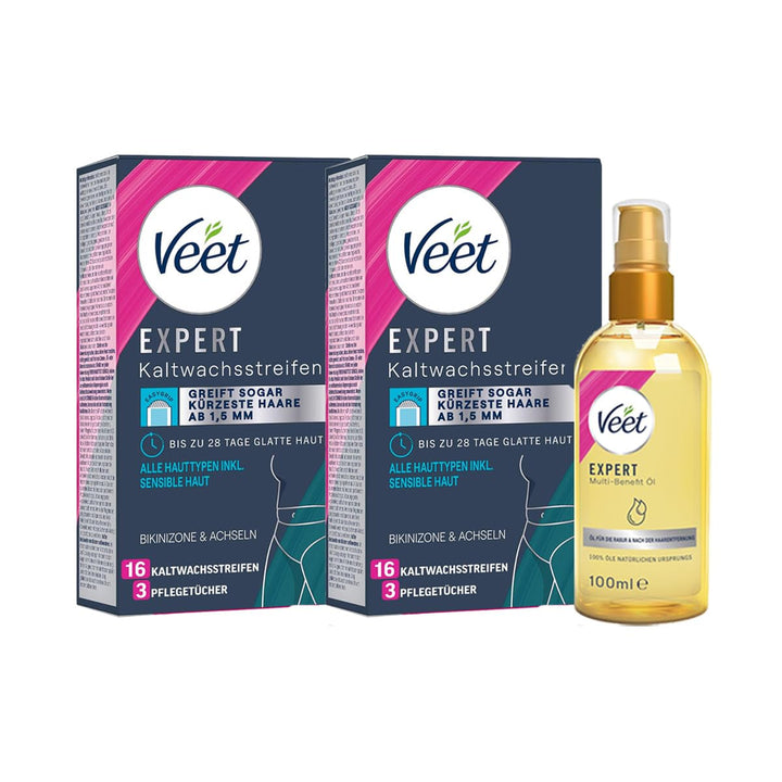 Veet EXPERT Kaltwachsstreifen für Bikini & Achseln (32 Stück) + Körperöl für die Rasur & nach der Ha