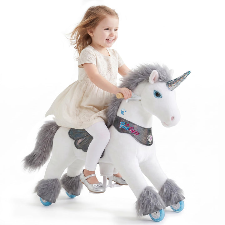 PonyCycle Hochwertig Modell Y Einhorn Spielzeug für Kinder mit Bremse, Graues Einhorn Reitspielzeug