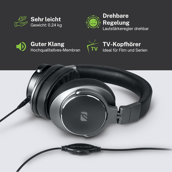 MUSE - M-275 CTV | TV-Kopfhörer mit langem Kabel (6m) | Over-Ear Kopfhörer | Lautstärkeregler, Verst