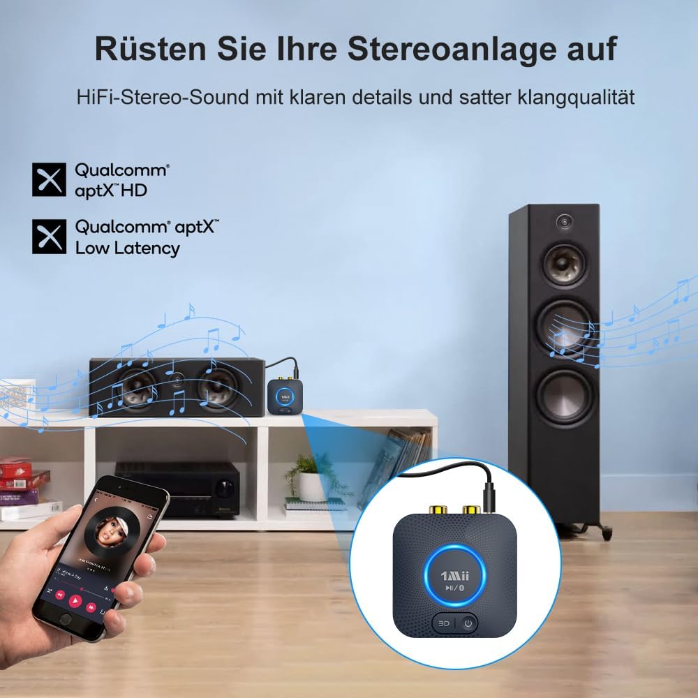 1Mii B06HD Bluetooth 5.3 Audio-Empfänger für Stereoanlage mit Cinch/AUX | aptX HD/Low Latency für Mu