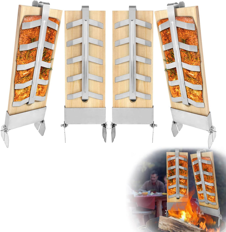 HENGMEI 4er-Set Flammlachsbretter Räucherbrett Flammlachs Brett mit Stabiler Edelstahl-Halterung für