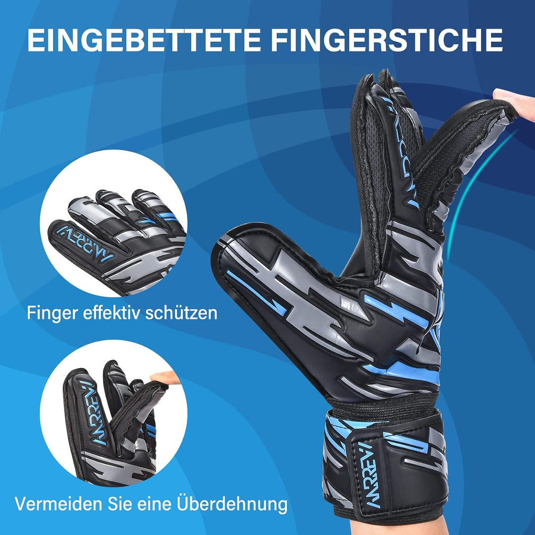 Anrrew Fussball Torwarthandschuhe mit Fingerschutz und doppeltem Handgelenkschutz. Torwarthandschuhe