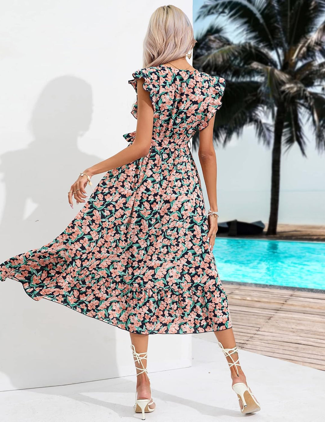 KOJOOIN Damen Sommerkleid Kurzarm Maxikleid Lange Wickelkleid Volant Kleid Rüschen Strandkleid V-Aus