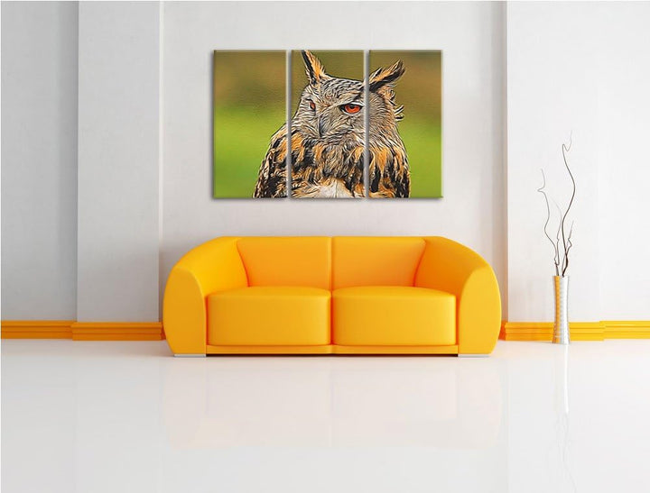 Schläfriger Uhu 3 Teilig, Gesamtgrösse 120x80 cm auf Leinwand, XXL riesige Bilder fertig gerahmt mit