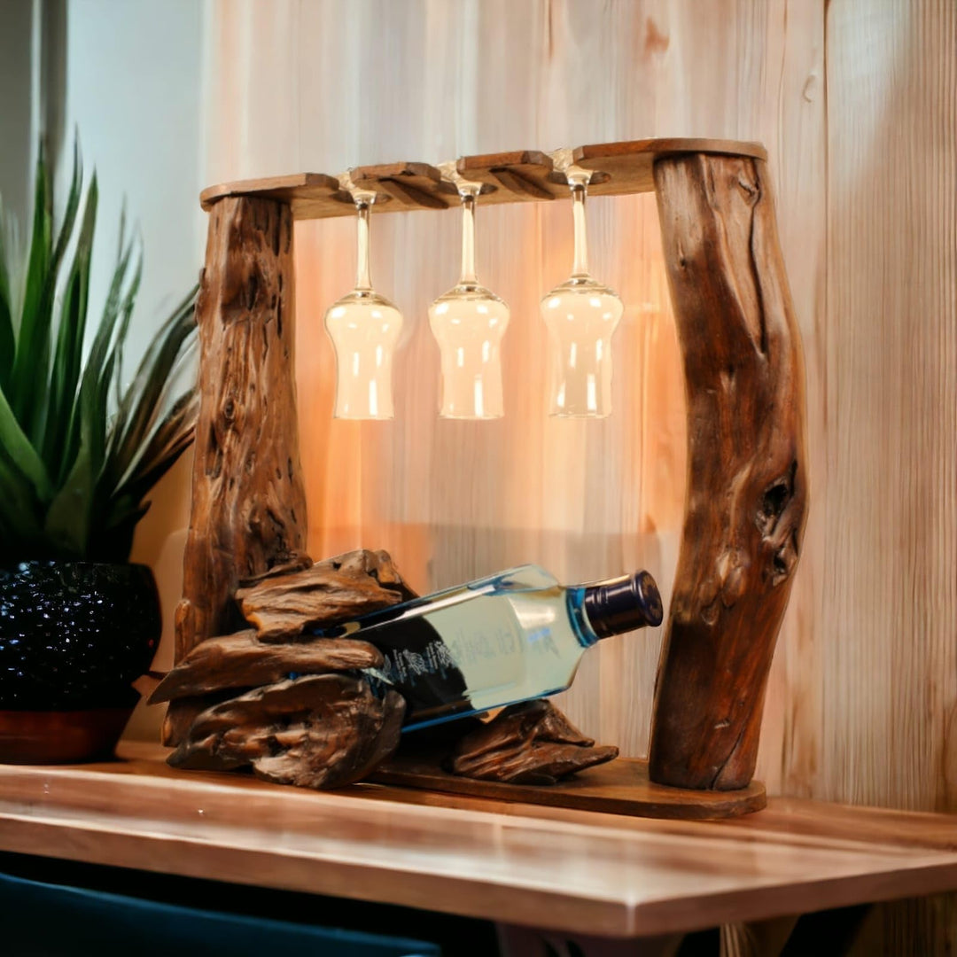 Kinaree XL Wurzelholz Flaschenständer - Teak Flaschenhalter - Edel und Dekorativ für 1 Flasche und 3
