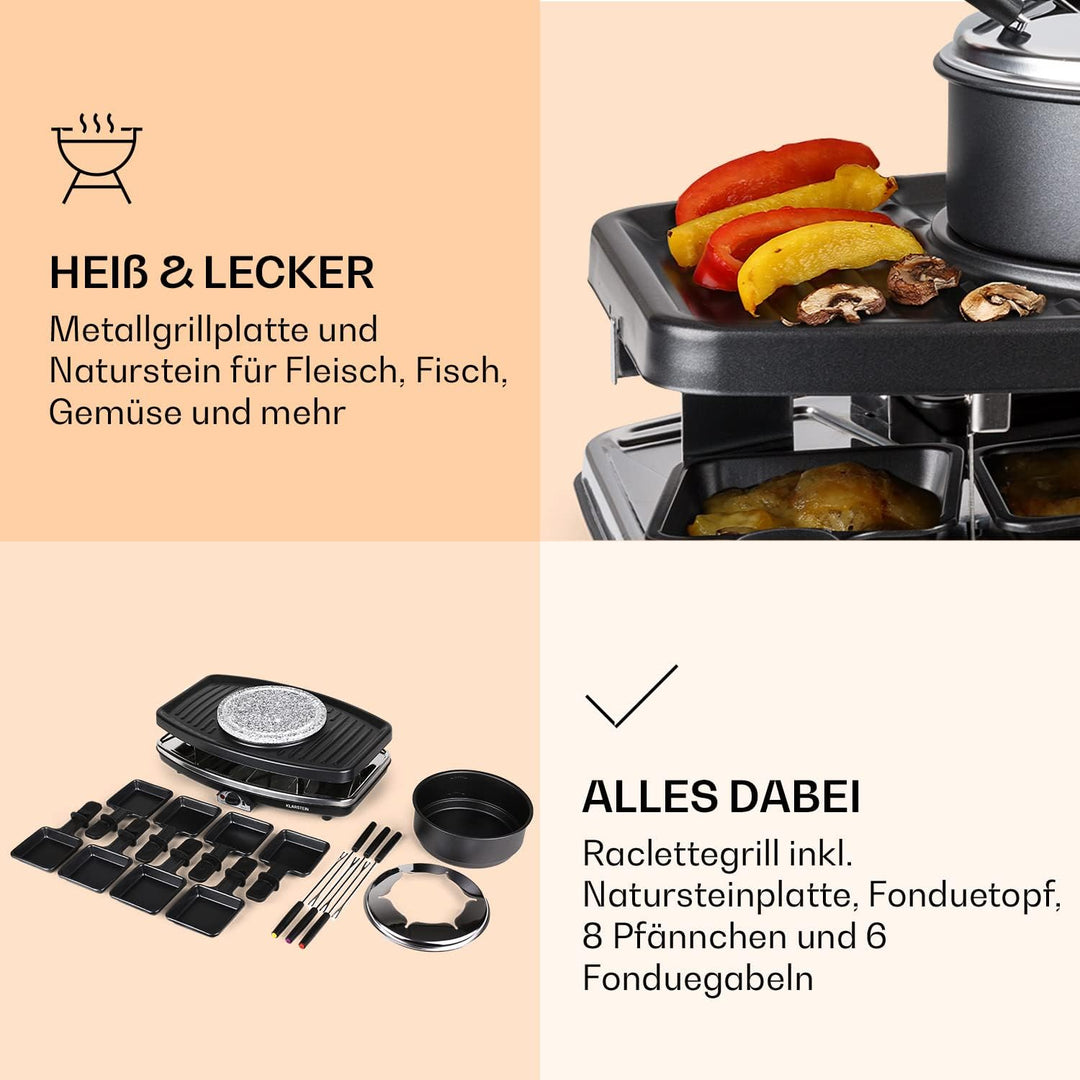 Klarstein Entrecote Raclette - Fondue, Tischgrill, Partygrill, 1100 Watt, 8 Pfännchen, Antihaftbesch