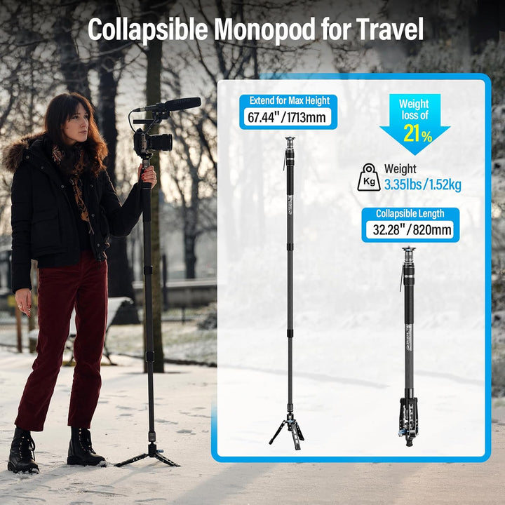 SIRUI 165 Einbeinstativ für Kameras, 165,1 cm (65 Zoll) Kohlefaser Einbeinstativ mit Füssen, schnell