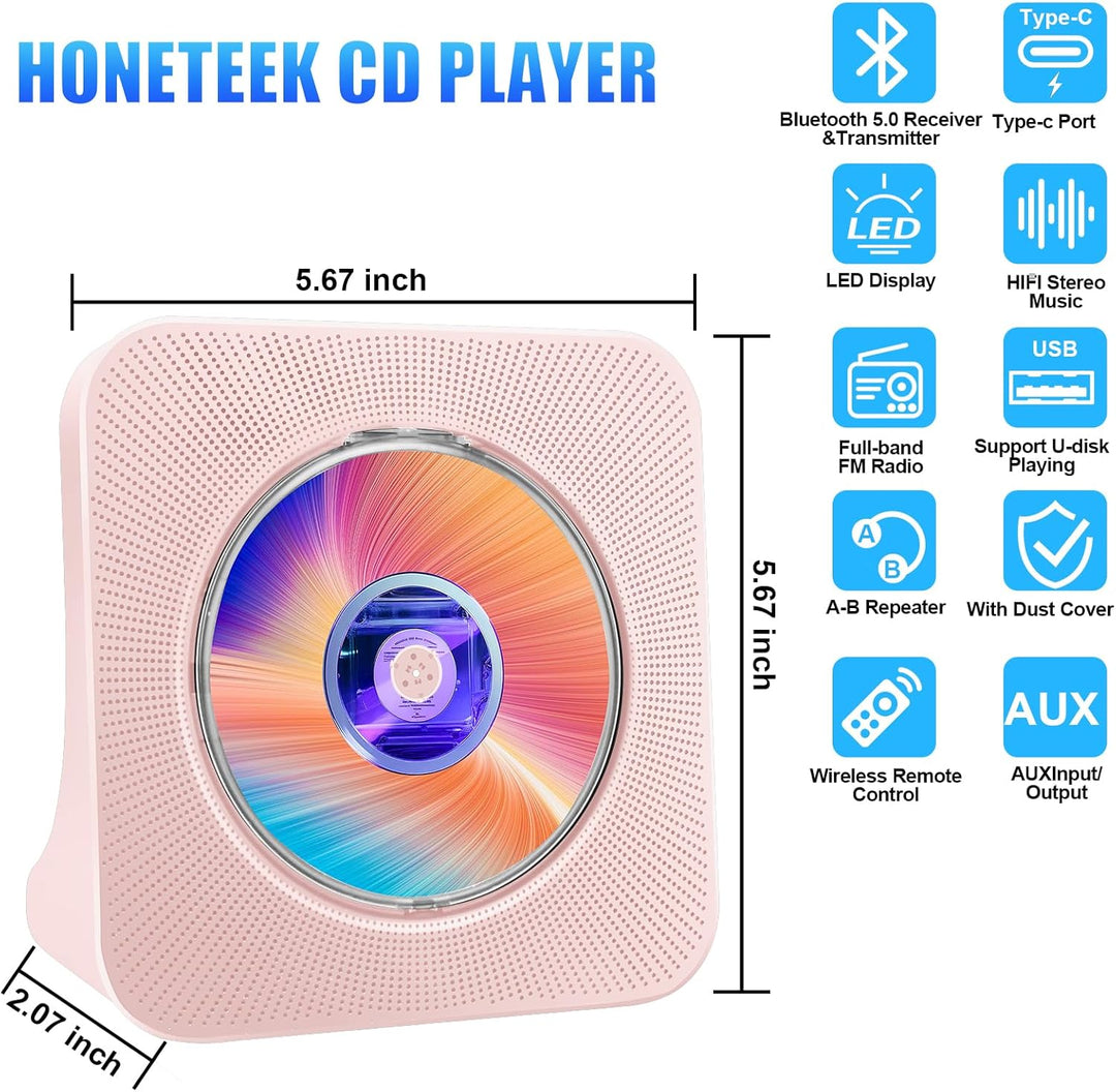 Tragbarer CD-Player für Zuhause, HoneTeek persönlicher CD-Player mit Bluetooth, Lautsprecher, Musik-