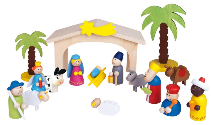Fritz Cox® Kinderkrippe Weihnachten aus Holz - handbemalte Holz-Kinder-Krippe inkl. Krippenstall in