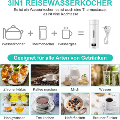 Reise Wasserkocher Klein, Elektrische Wassertasse,220V 300W Schnellkoch-Teekanne-Heizbecher mit Temp