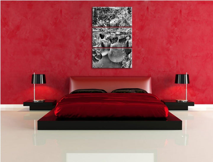 Pixxprint Monocrome, Früchte Fallen ins Wasser 3-Teiler Leinwandbild 120x80 Bild auf Leinwand