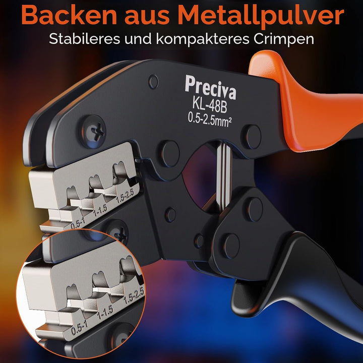 Preciva Crimpzange-Set mit 300 Flachsteckhülsen für 2,8-6,3 mm (0,5-2,5 mm² / AWG 22-14) – Ergonomis
