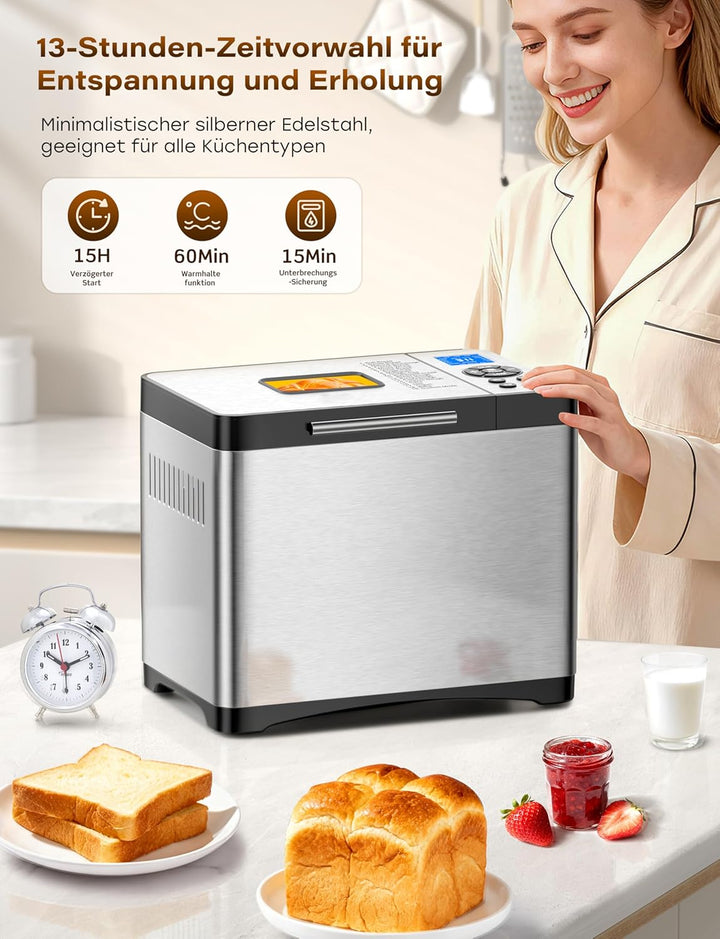 Brotbackautomat 1kg Edelstahl mit Keramikpfanne, 19 Automatischer Programme inkl. individuell progra