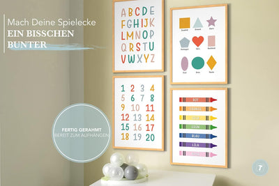 Papierschmiede® Kinderbilder 4er Set Lernposter, A4 gerahmt in Holzrahmen (Natur), Geschenk für Mädc