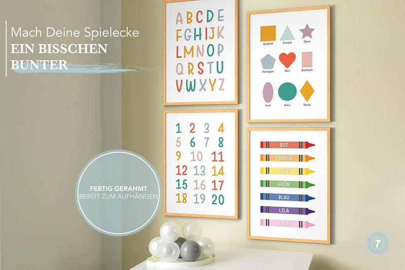 Papierschmiede® Kinderbilder 4er Set Lernposter, A4 gerahmt in Holzrahmen (Natur), Geschenk für Mädc