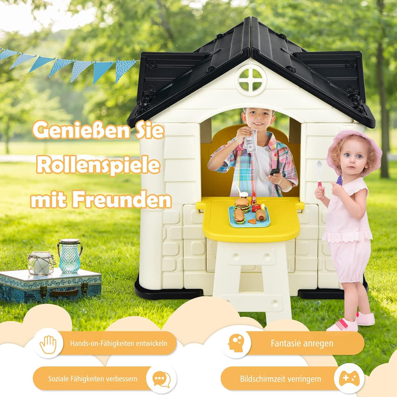 COSTWAY Kinder Spielhaus für bis zu 6 mit Pickniktisch, Türen und Fenstern, Kinderhäuschen Outdoor i