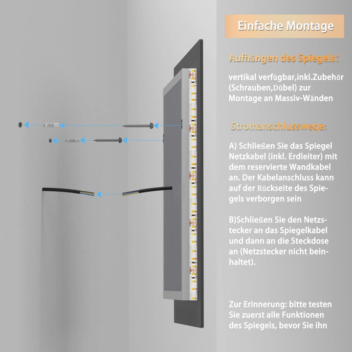 Aica Sanitär LED Badspiegel 50×70cm mit Uhr 3 Lichfarbe dimmbar Memory Wand/Touchschalter Anti-Besch