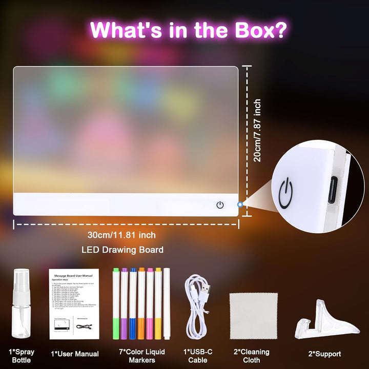 Wiederaufladbare LED Maltafel Kinder, 30x20cm LED Notiztafel mit 7 Farben & Ständer, Kreatives Zeich