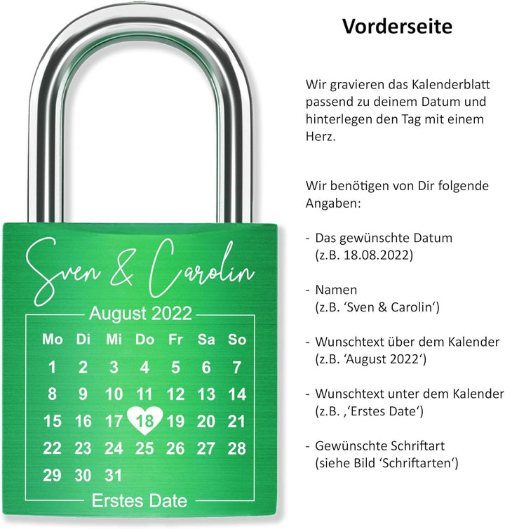 Liebesschloss mit Gravur Kalenderblatt - Grün - gestaltbar mit vielen Farben & Schriften - Jahrestag