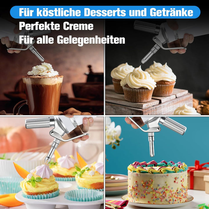 ERWEY Sahnespender 500ML, Sahnesyphon Edelstahl, Sahnesprüher Auslaufsicherer Einfach Reinigen mit 3