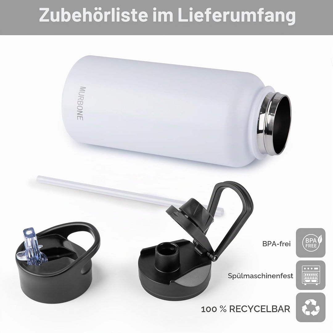 Edelstahl Trinkflasche 1L, (+2 Deckel)-mit Strohhalm,BPA frei,Thermosflasche Auslaufsicher,Kohlensäu