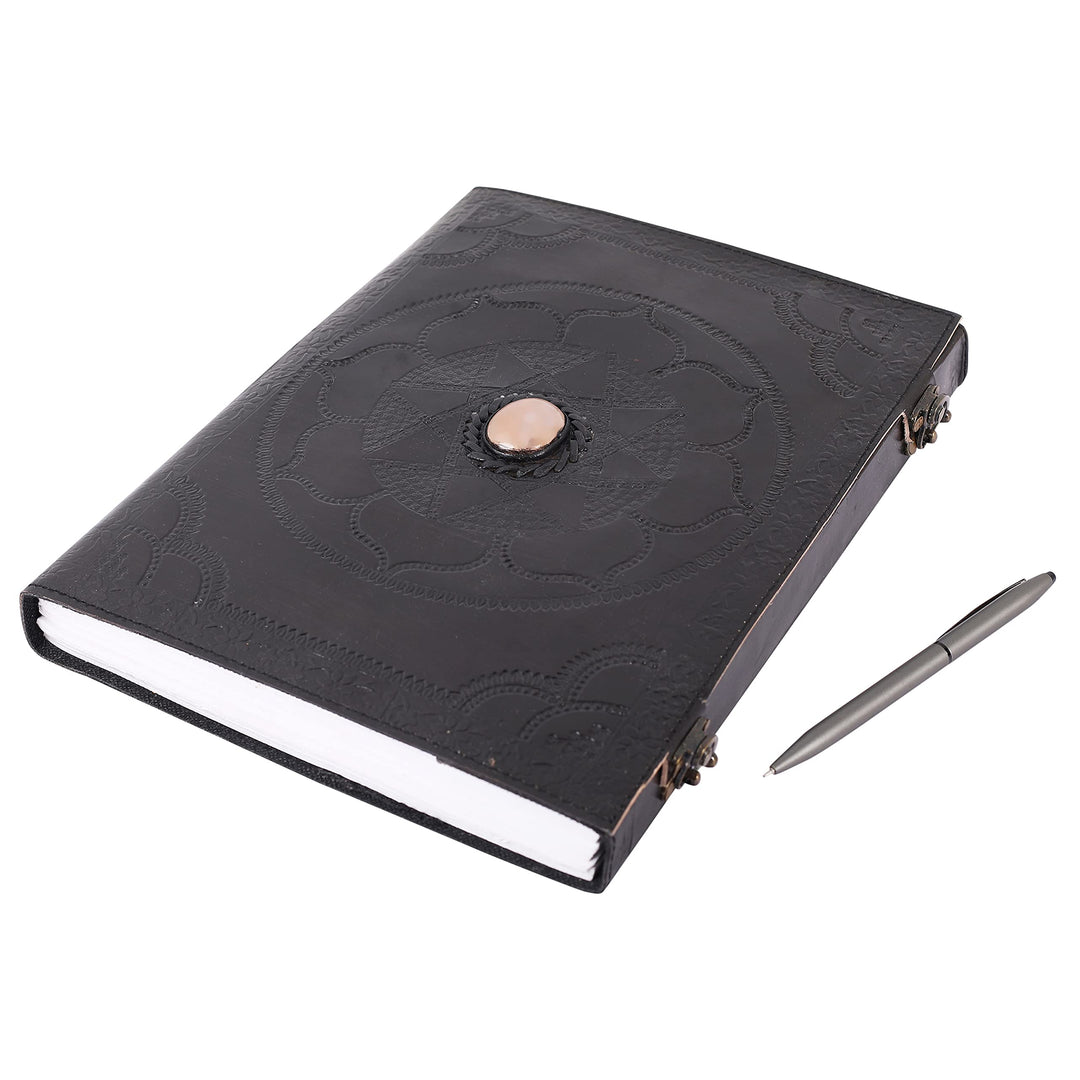 OVERDOSE Hand Embossed Stone Black Leather Journal - Handmade Antique Stone Journal For Students & O
