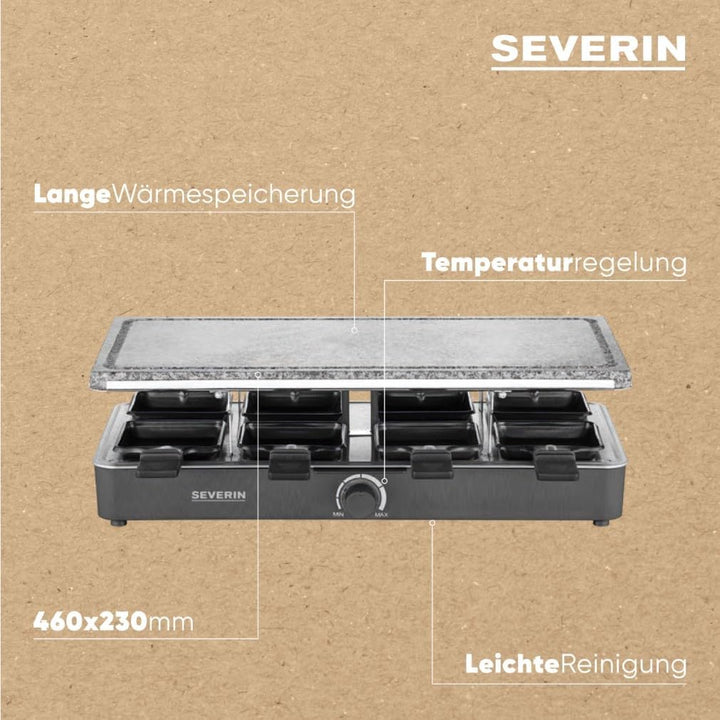 SEVERIN Raclette-Partygrill mit Naturgrillstein, Raclette mit Grillplatte aus Stein und 8 antihaftbe