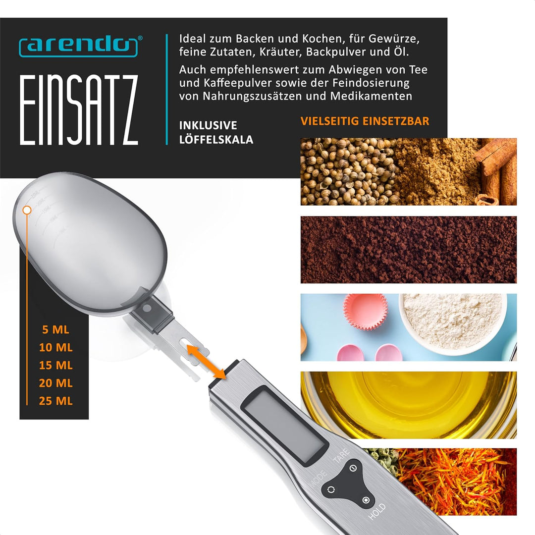 Arendo - Löffelwaage digital – 1 bis 500 g – Tara – Hold Nullstellung – Feinwaage Auflösung 0,1 g –