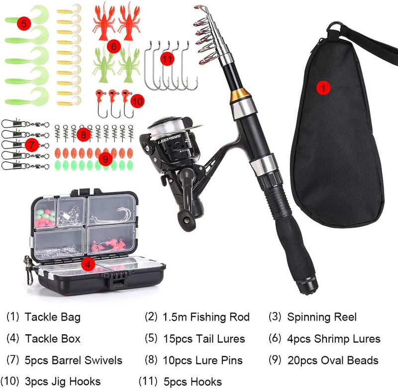 Lixada Angelrute Rolle Combo Komplettes Set 1,3 m/1,5 m Teleskop-Angelrute Spinnrolle Set mit Haken