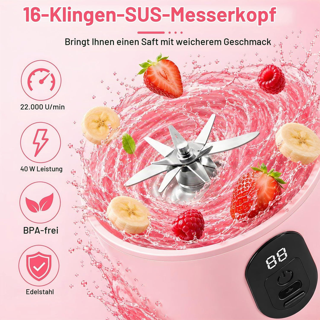 Tragbarer Mixer Smoothie Maker, 500 ml Mixer Smoothie Maker to Go mit Digitalanzeige, 16-Blatt Tragb